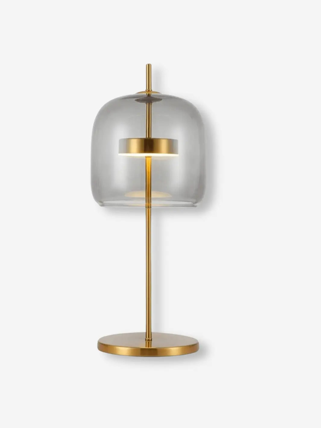 lampe de chevet en verre avec abat jour transparent gris fumee et pied en or