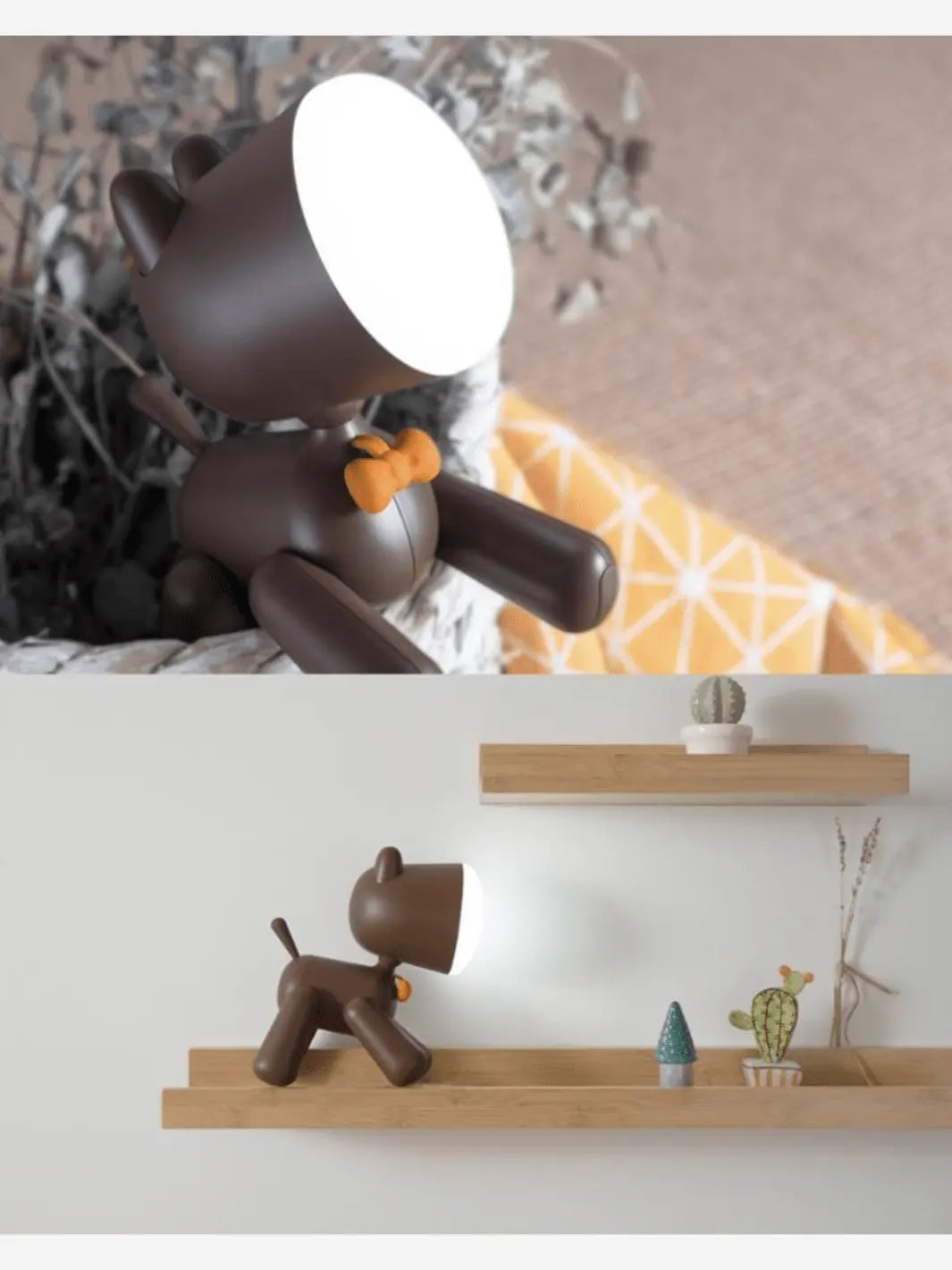 lampe de chevet pour enfant garcon ou fille en forme de chien mignon marron qui porte un noeud papillon