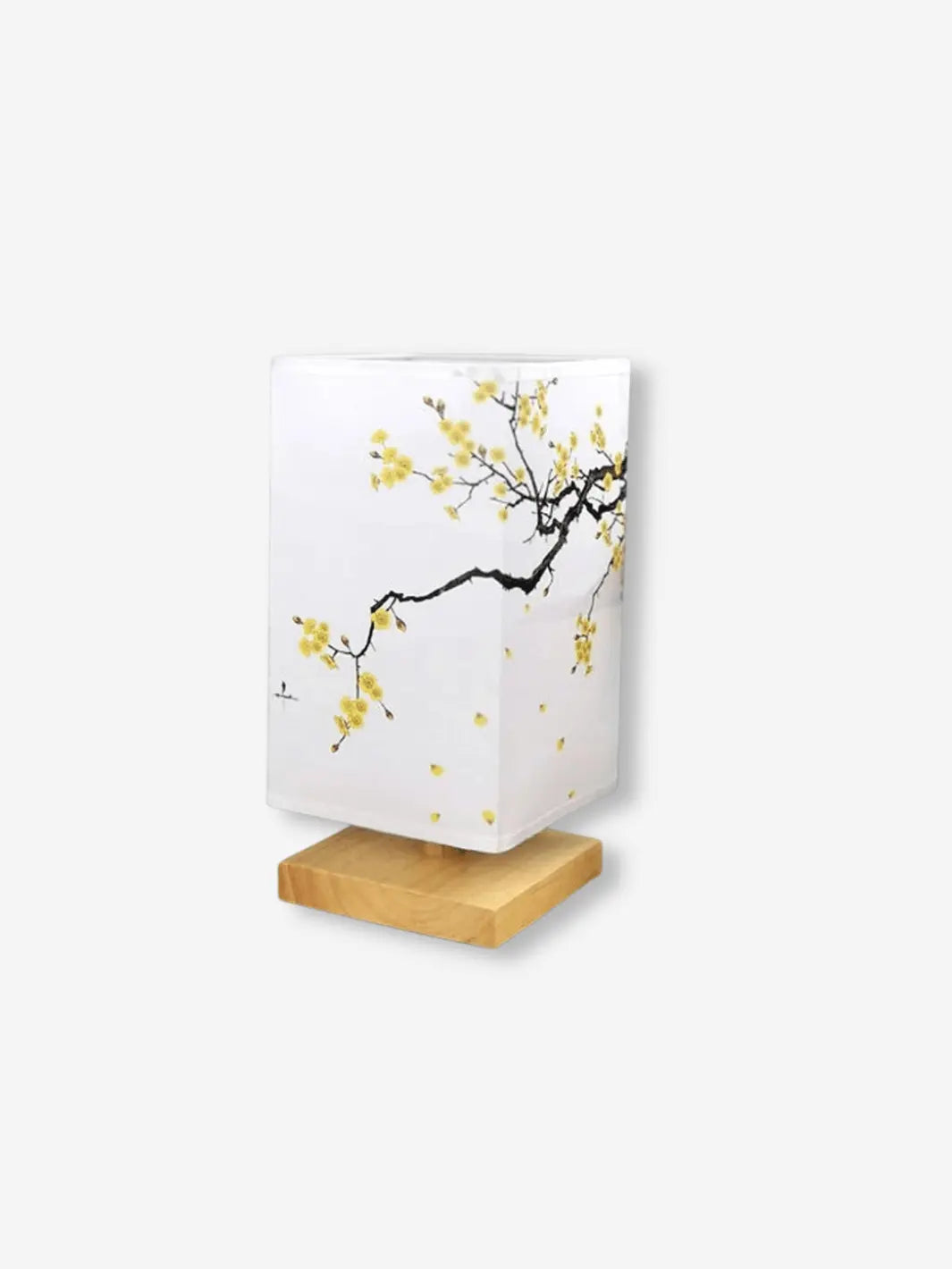 lampe de chevet japonaise avec abat jour carre decore de branches avec fleurs jaunes sur socle en bois