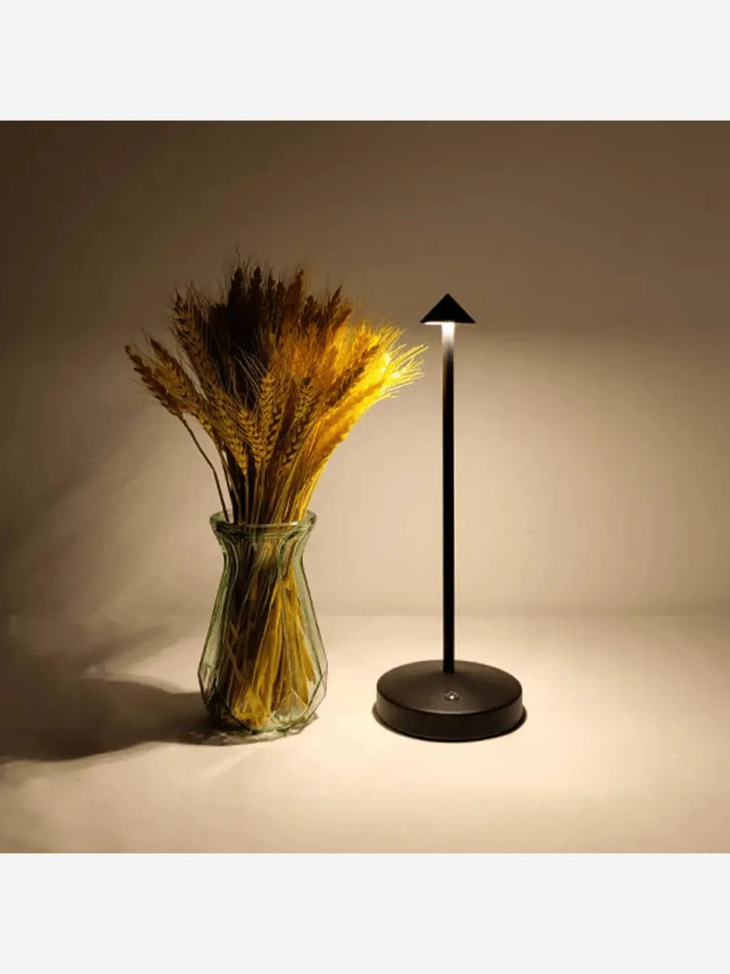 lampe de chevet rechargeable portable sans fil minimaliste pratique noire posee a cote d un vase de ble
