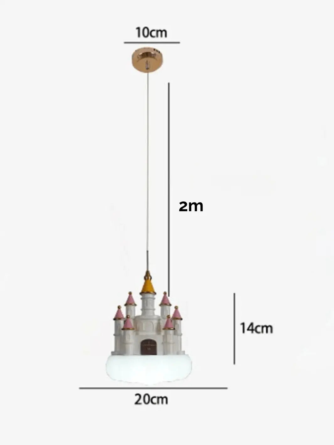 lampe de chevet suspendue representant un chateau de princesse rose pastel et blanc pose sur un nuage mesures