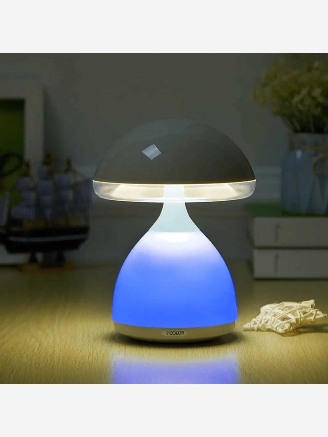 Lampe de chevet champignon sans fil qui éclaire une table de chevet