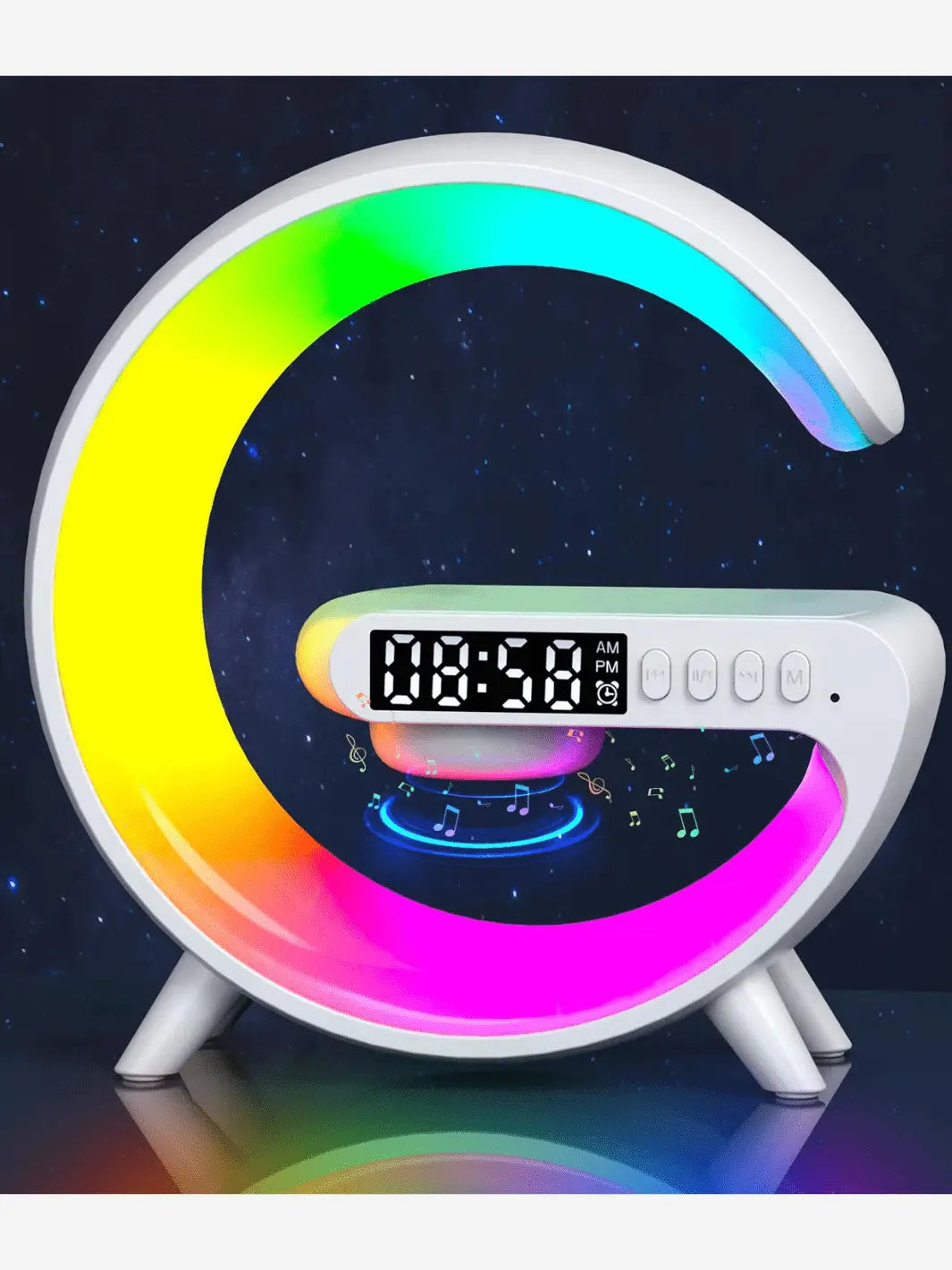 lampe de chevet connectee blanc qui s allume en multicolore faisant egalement reveil chargeur et joue de la musique lorsque l on se connecte via bluetooth