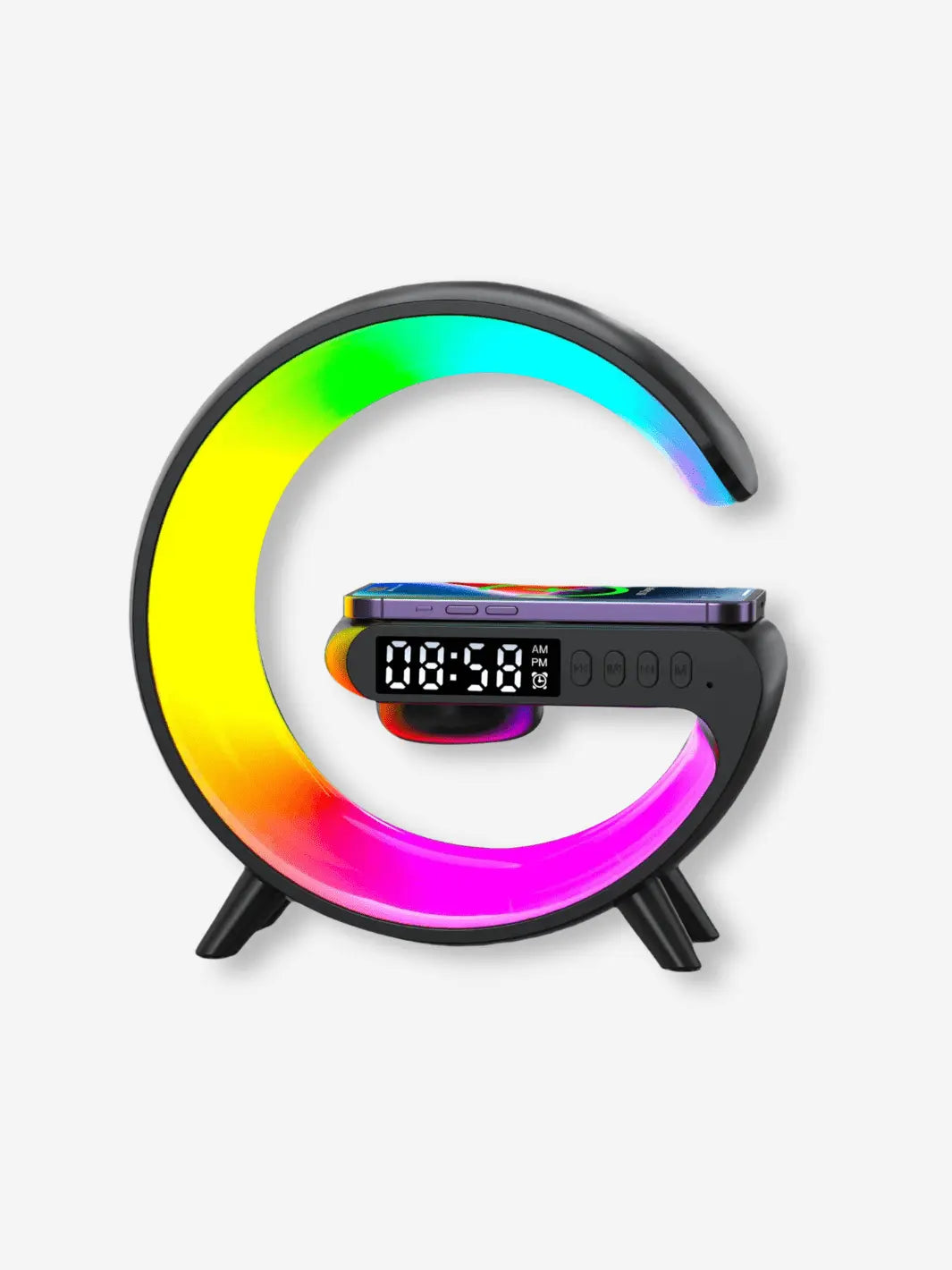 lampe de chevet connectee noir qui s allume en multicolore faisant egalement reveil chargeur et joue de la musique lorsque l on se connecte via bluetooth
