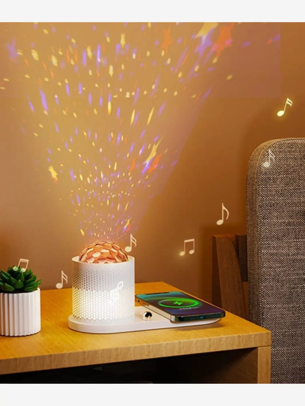 Lampe de chevet connectée qui charge un téléphone et qui diffuse de la musique