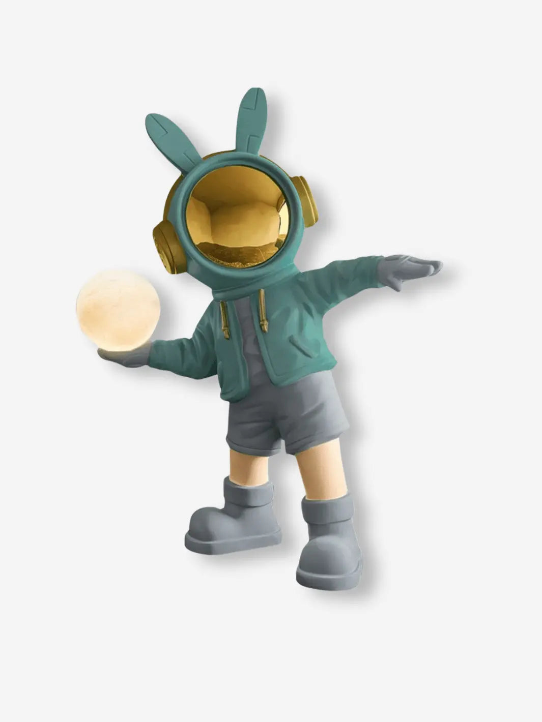 lampe de chevet pour enfant representant un lapin habillee avec un casque sur les oreilles et une balle dans la main la balle etant la lampe 