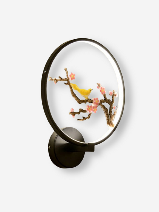 lampe de chevet japonaise murale representant un oiseau sur une branche fleurie