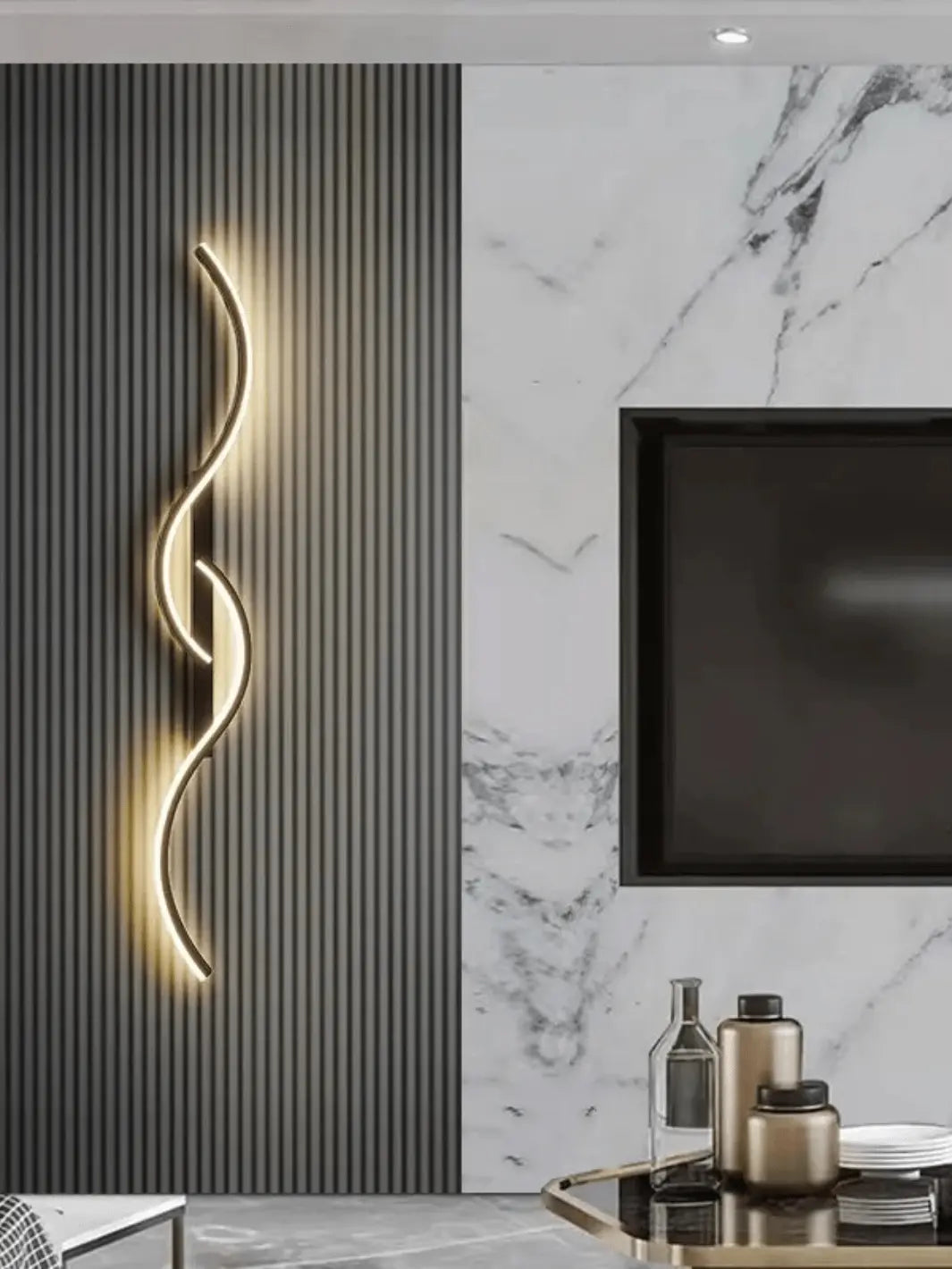 lampe de chevet murale design et moderne avec led couleur noir dans une deco design et moderne avec marbre