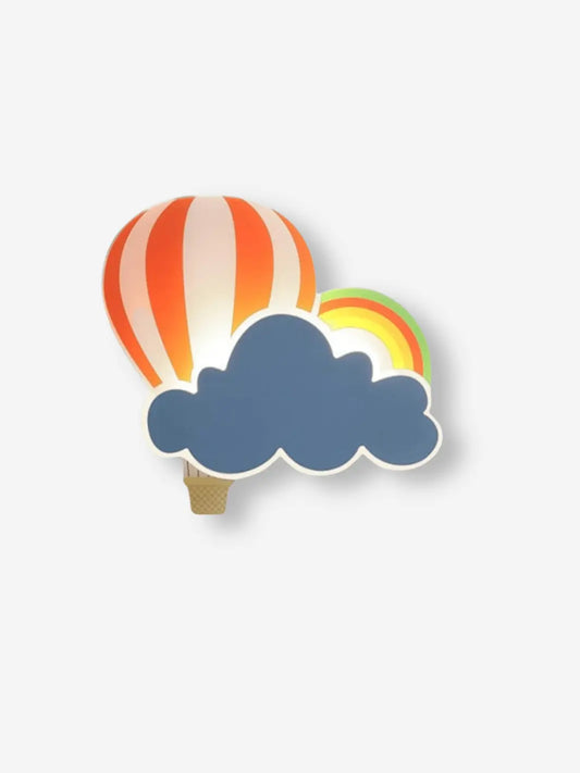 Lampe de chevet murale pour enfant aux couleurs vives qui représente un nuage, un arc-en-ciel ainsi qu'une montgolfière 