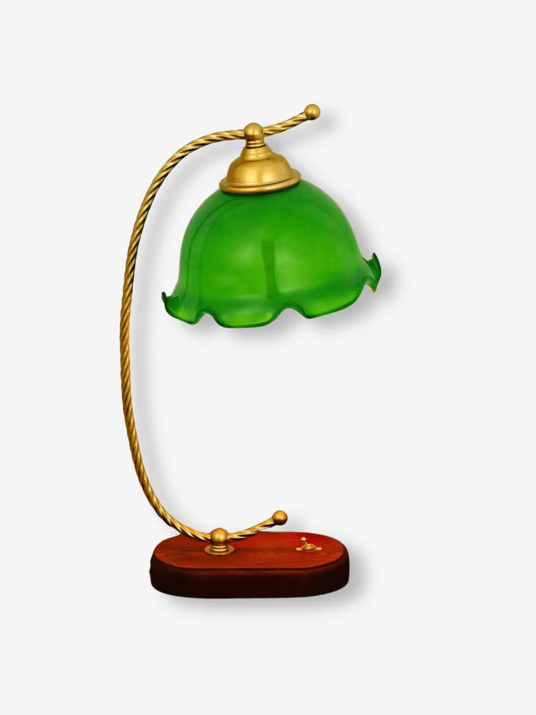 lampe de chevet en bois et metal avec abat jour en verre vert emeraude en forme de fleur
