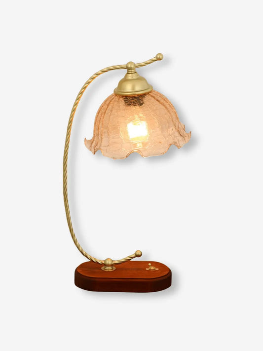 lampe de chevet en bois et metal avec abat jour en verre transparent en forme de fleur