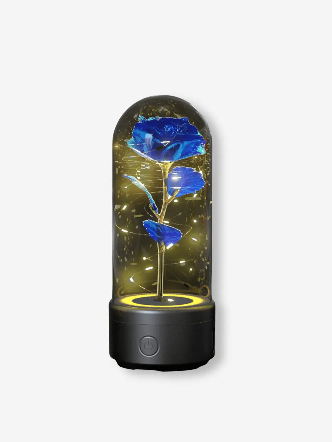 Lampe de chevet romantique en forme de rose bleue sous cloche sur son socle noir