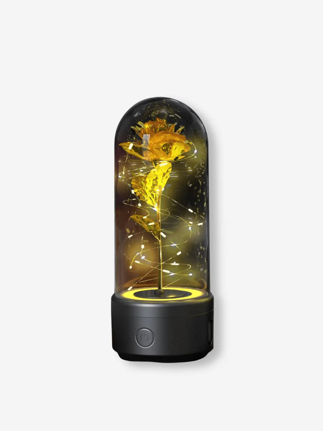 Lampe de chevet romantique avec bluetooth en forme de rose sous cloche sur son socle noir