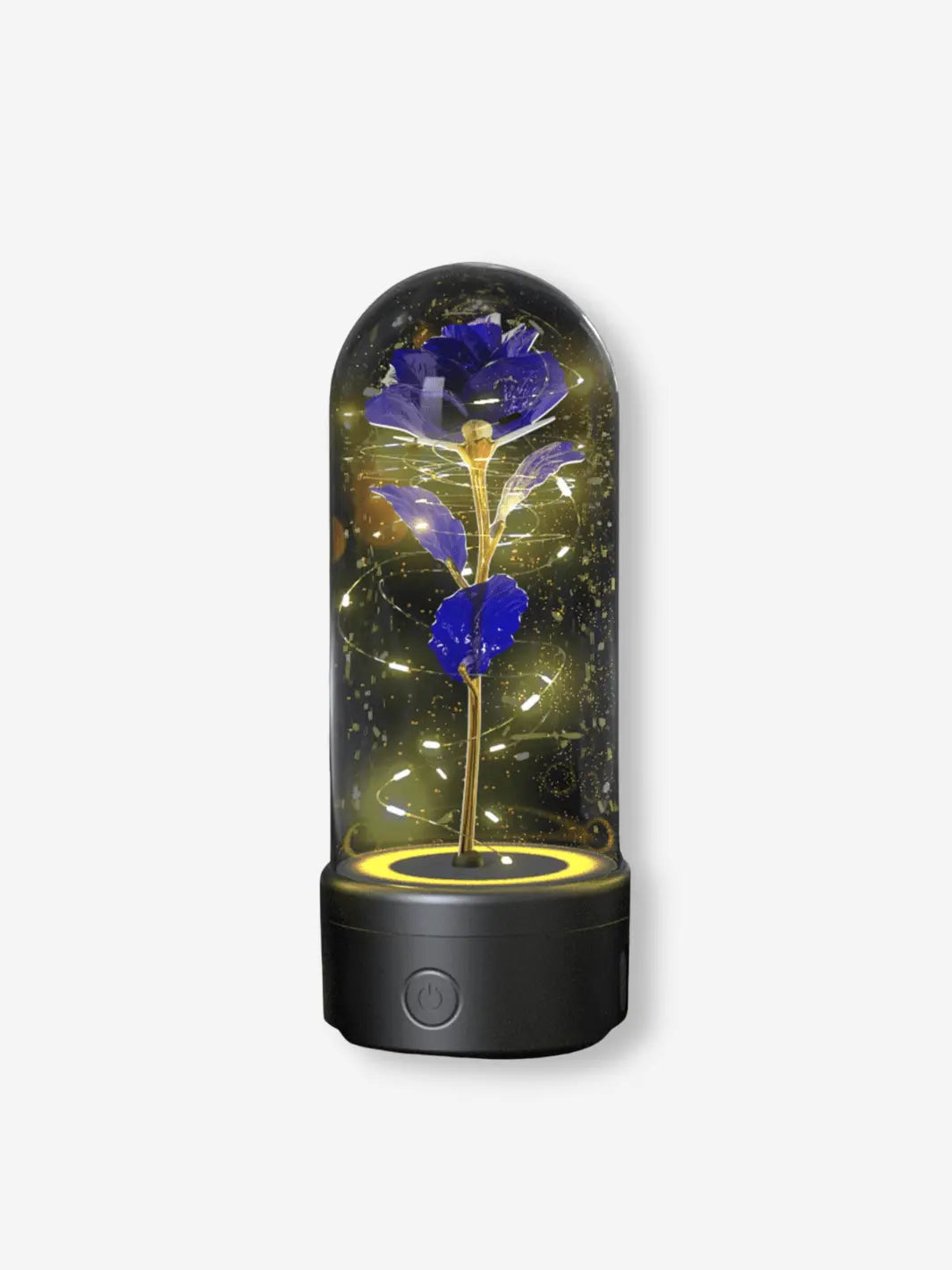 Lampe de chevet romantique avec bluetooth en forme de rose sous cloche sur son socle noir 