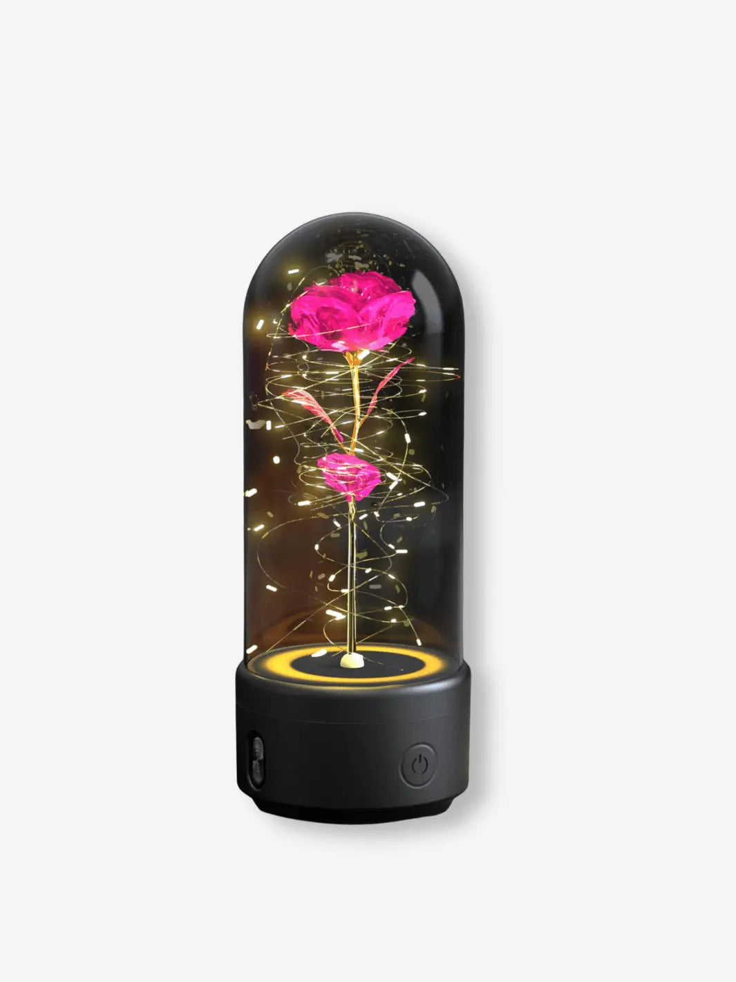 Lampe de chevet romantique bluetooth en forme de rose sous cloche sur son socle noir