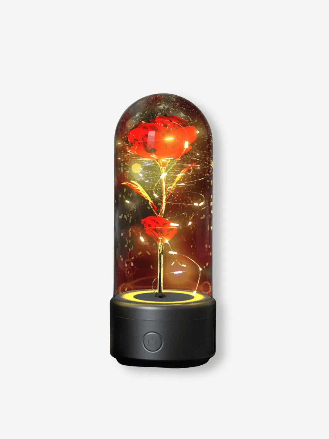Lampe de chevet romantique avec bluetooth en forme de rose sous cloche sur son socle noir