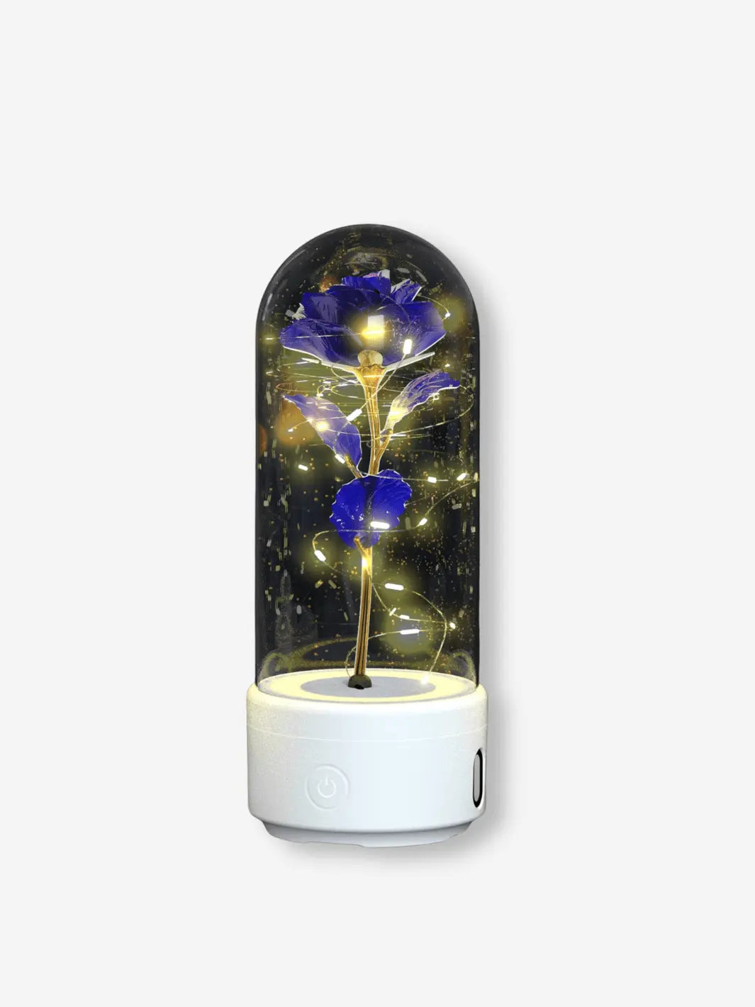 Lampe de chevet romantique avec bluetooth en forme de rose sous cloche sur son socle blanc