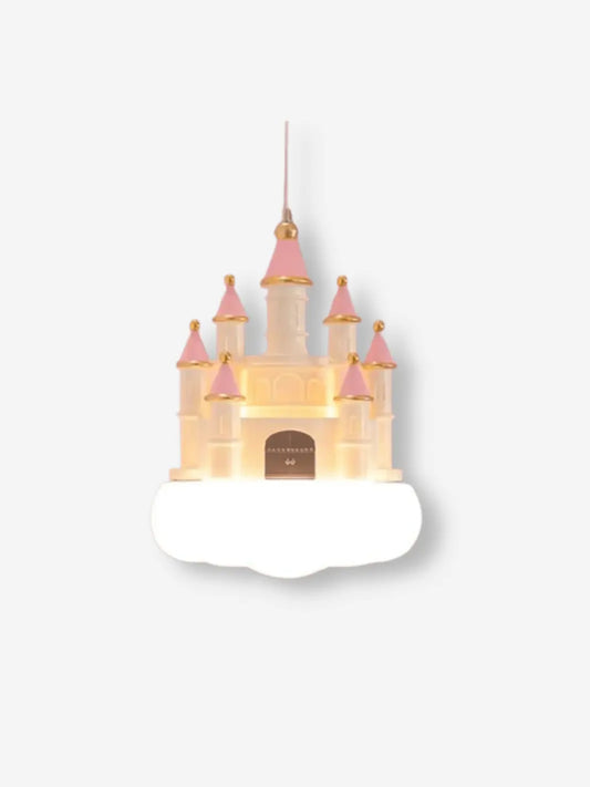 lampe de chevet suspendue representant un chateau de princesse rose pastel et blanc pose sur un nuage