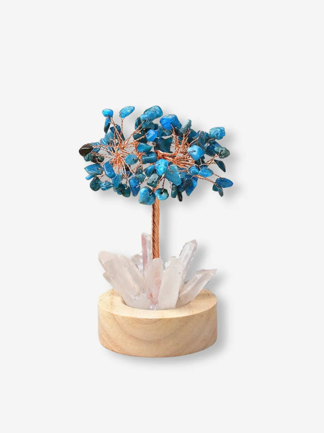 lampe de chevet usb representant un arbre avec des pierres precieuses bleues turquoise et a son pied des cristaux transparents dans un petit socle en bois