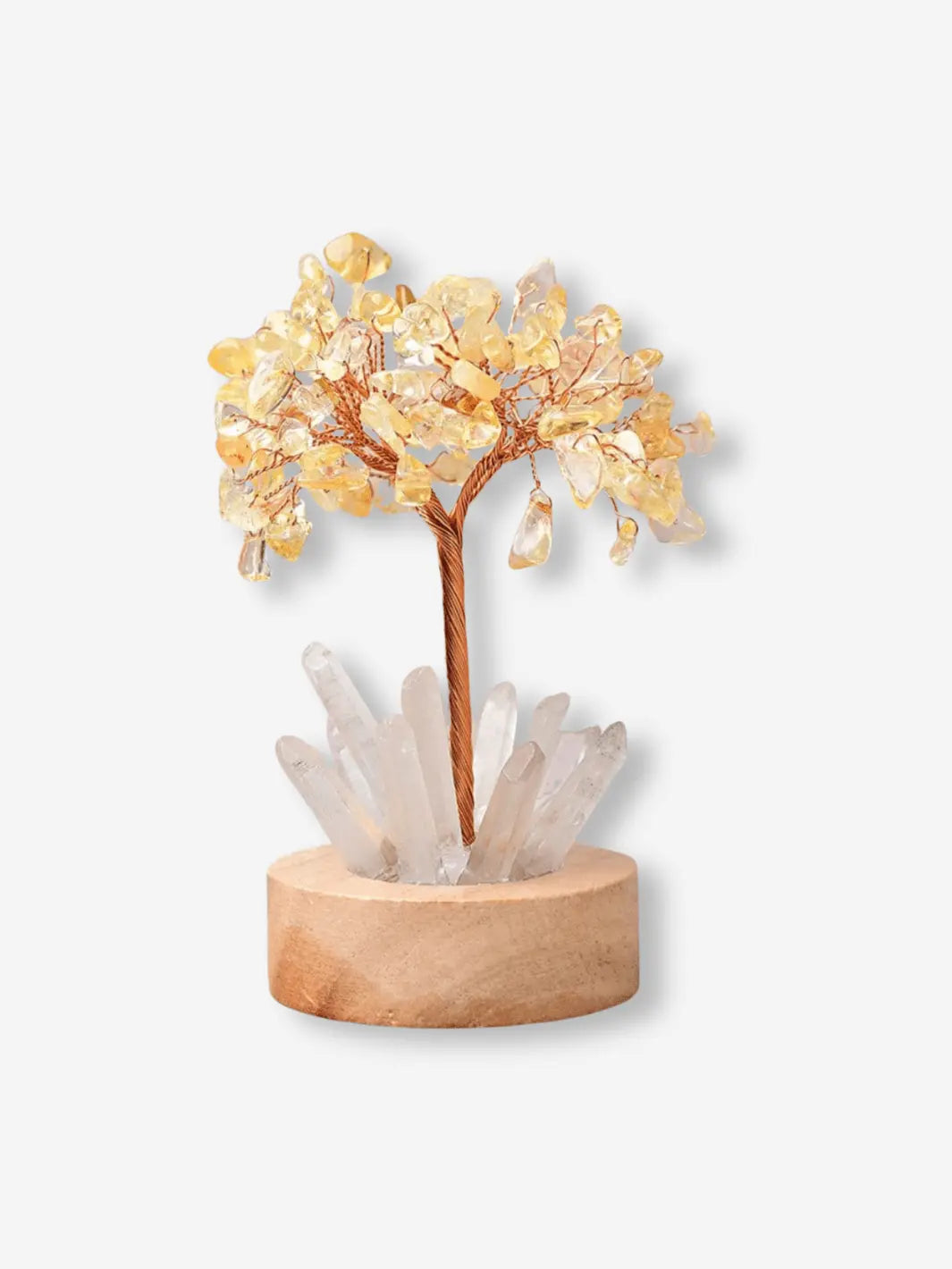 lampe de chevet usb representant un arbre avec des pierres precieuses jaunes et a son pied des cristaux transparents dans un petit socle en bois