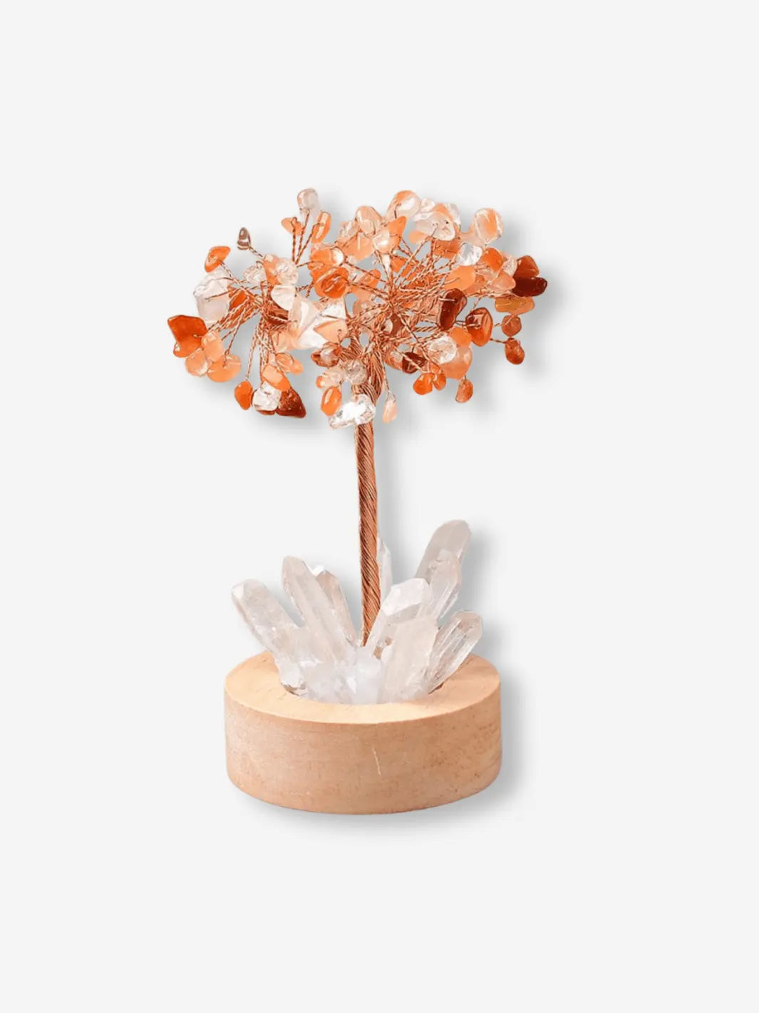 lampe de chevet usb representant un arbre avec des pierres precieuses orange automne et a son pied des cristaux transparents dans un petit socle en bois