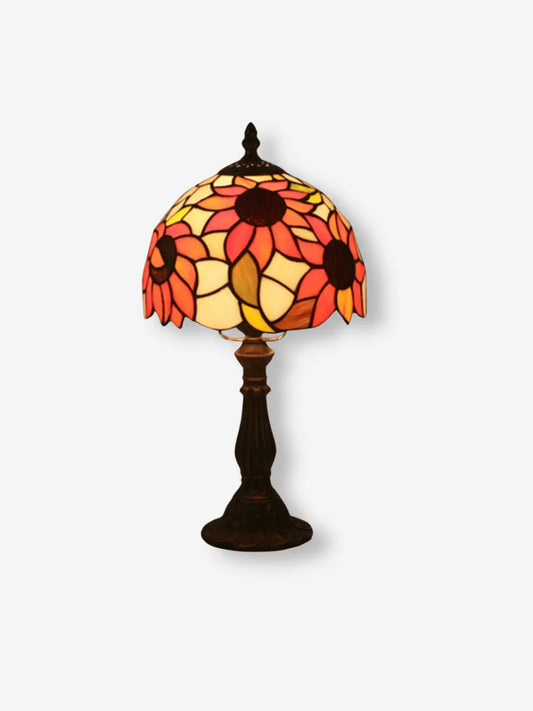 lampe de chevet tiffany vintage avec abat jour mosaique representant des tournesols au coucher du soleil